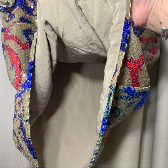 Sequin Shirt Blouse Tan Red Blue Baroque Sz 40 Short Sleeve Crew Party Event Top - Picture 7 of 16